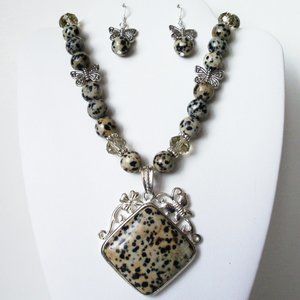 Natural Dalmatian Jasper 18" necklace/earrings set (#1289)